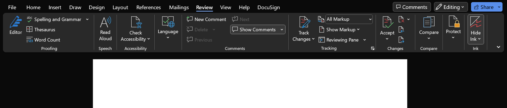 Microsoft Word Review Tab with the Hide Ink button highlighted at the end of the row